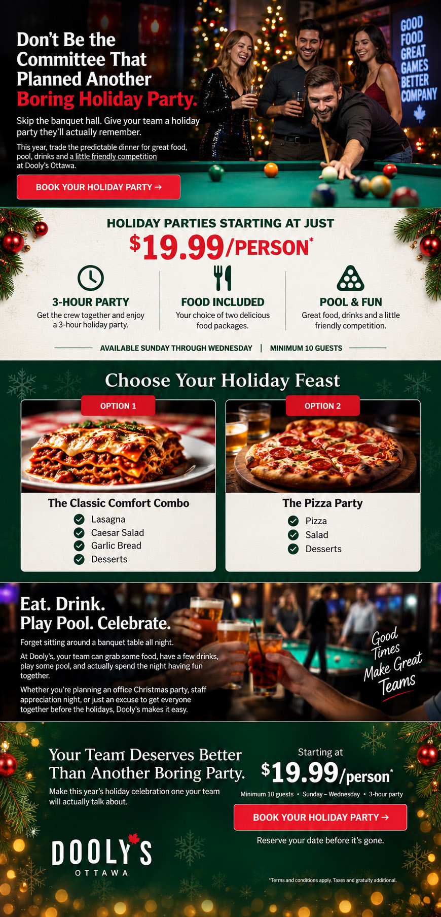 Holiday and Christmas party packages at Dooly's Ottawa starting at $19.99 per person